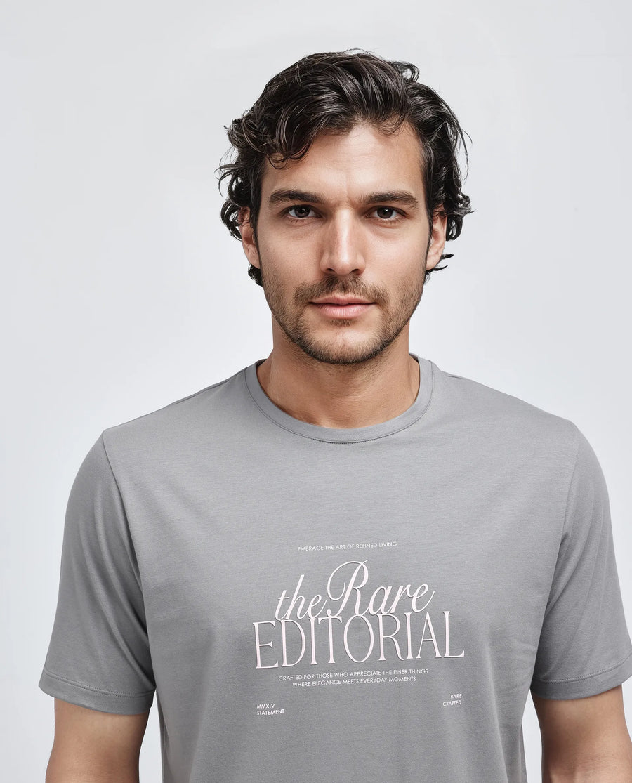 Rare Rabbit Men's Edit Dusky Grey Cotton Blend Graphic Print Regular Fit Half Sleeve Crew Neck T-Shirt