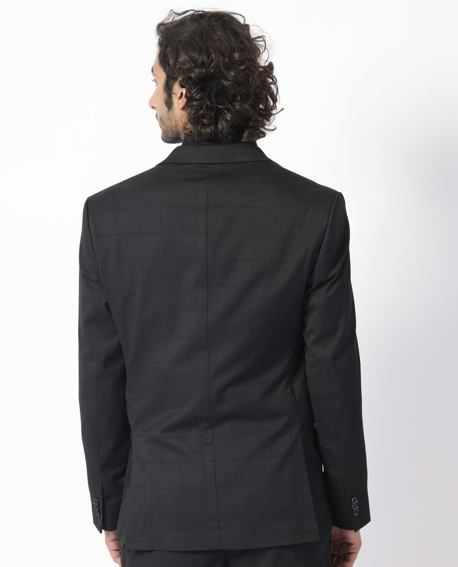 Rare Rabbit Men's Edmon Black Viscose Checked Print Tailored Fit Full Sleeve Lapel Neck Suits