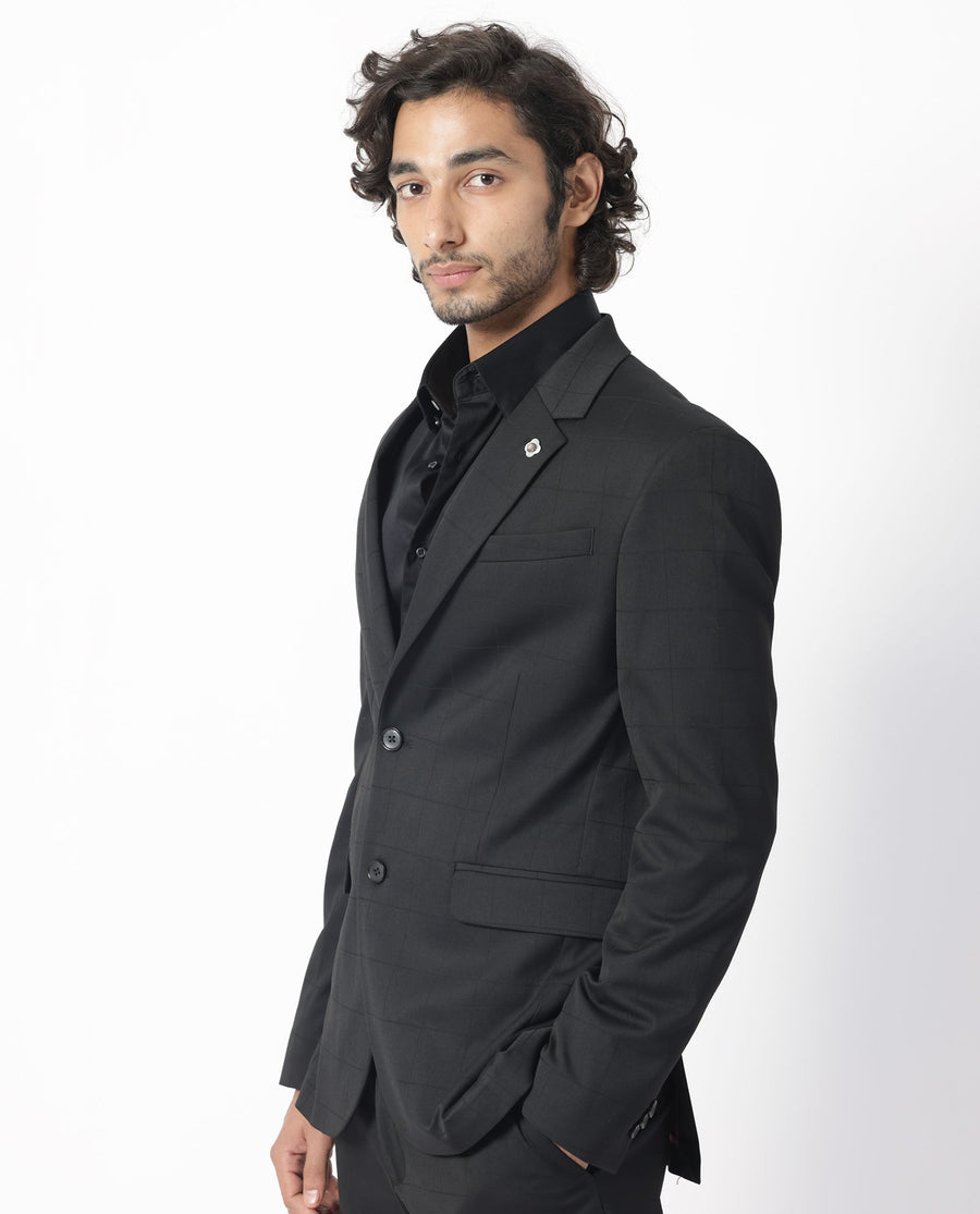 Rare Rabbit Men's Edmon Black Viscose Checked Print Tailored Fit Full Sleeve Lapel Neck Suits