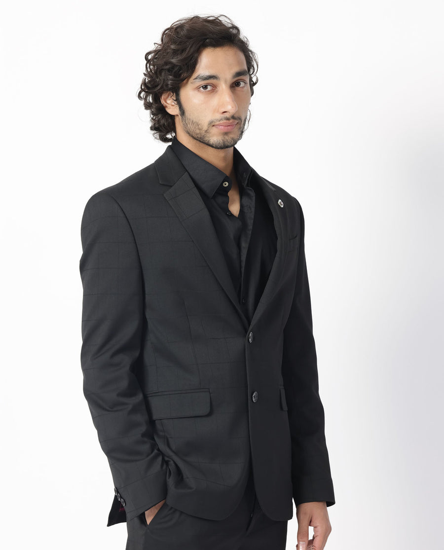 Rare Rabbit Men's Edmon Black Viscose Checked Print Tailored Fit Full Sleeve Lapel Neck Suits