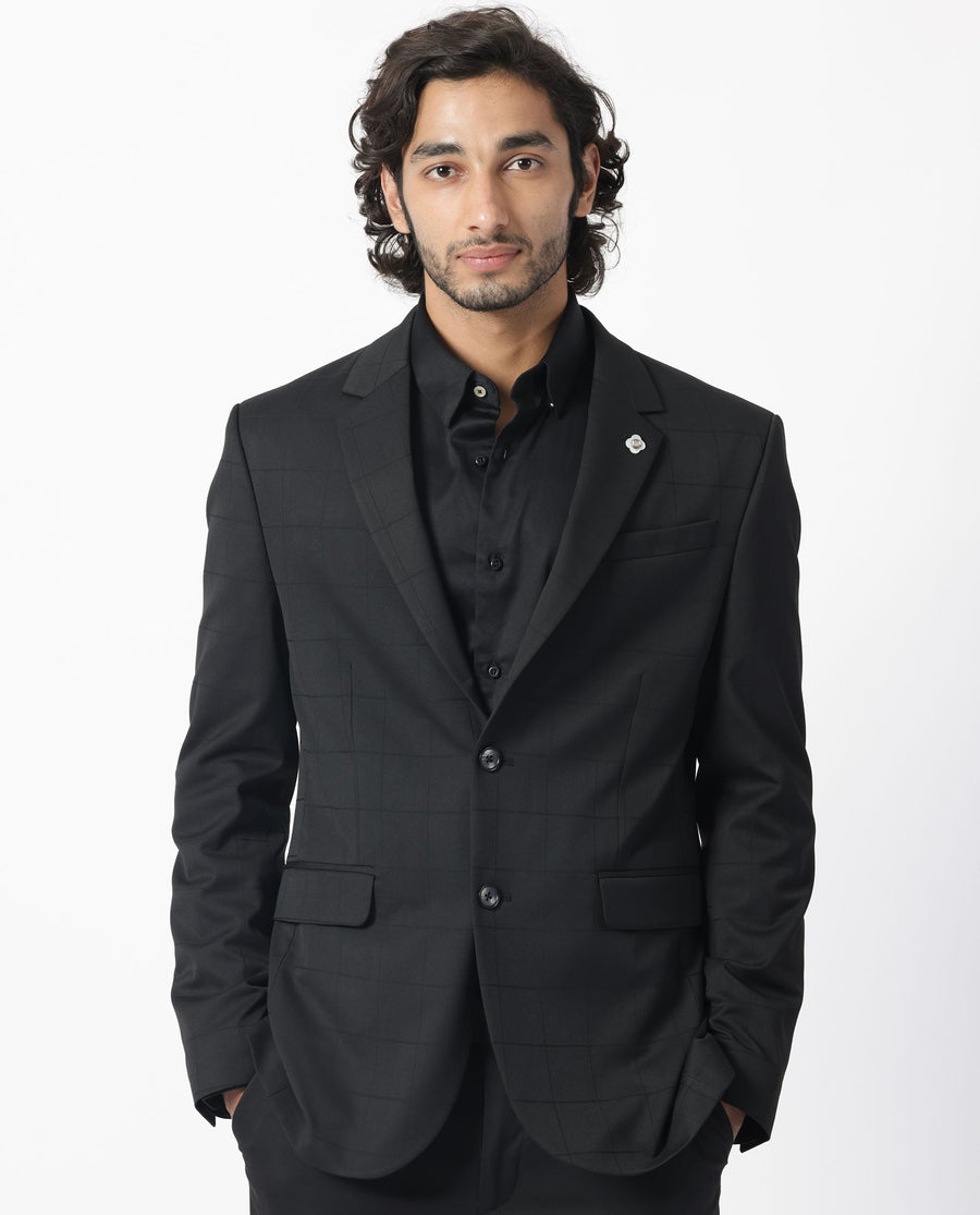 Rare Rabbit Men's Edmon Black Viscose Checked Print Tailored Fit Full Sleeve Lapel Neck Suits