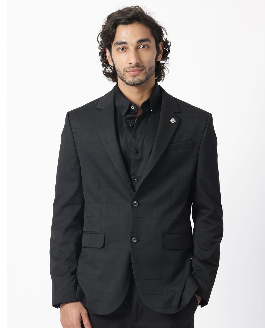 Rare Rabbit Men's Edmon Black Viscose Checked Print Tailored Fit Full Sleeve Lapel Neck Suits