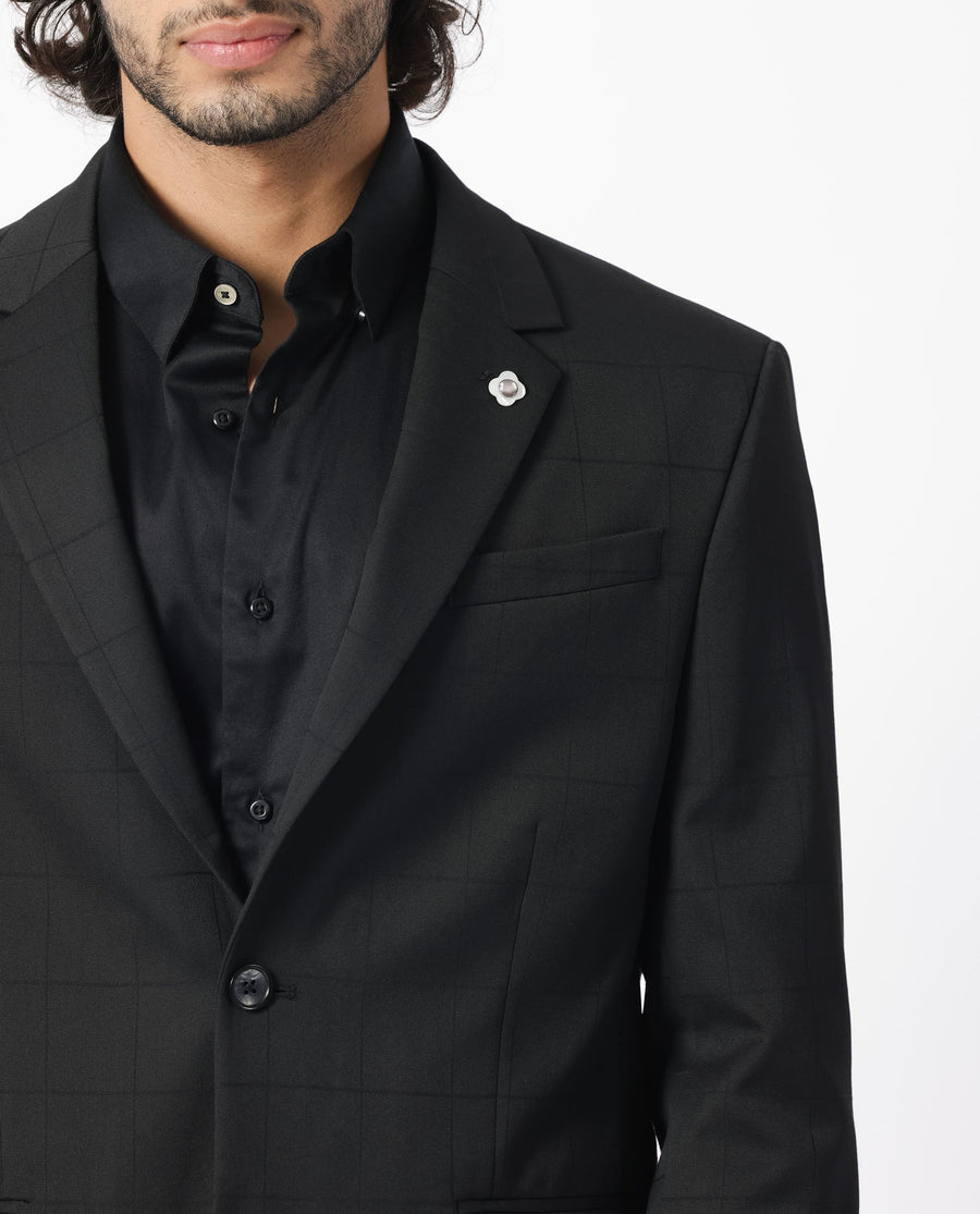 Rare Rabbit Men's Edmon Black Viscose Checked Print Tailored Fit Full Sleeve Lapel Neck Suits