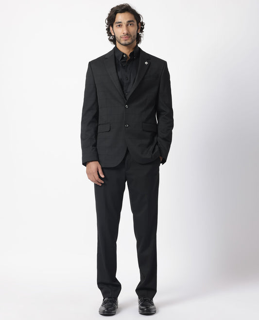 Rare Rabbit Men's Edmon Black Viscose Checked Print Tailored Fit Full Sleeve Lapel Neck Suits