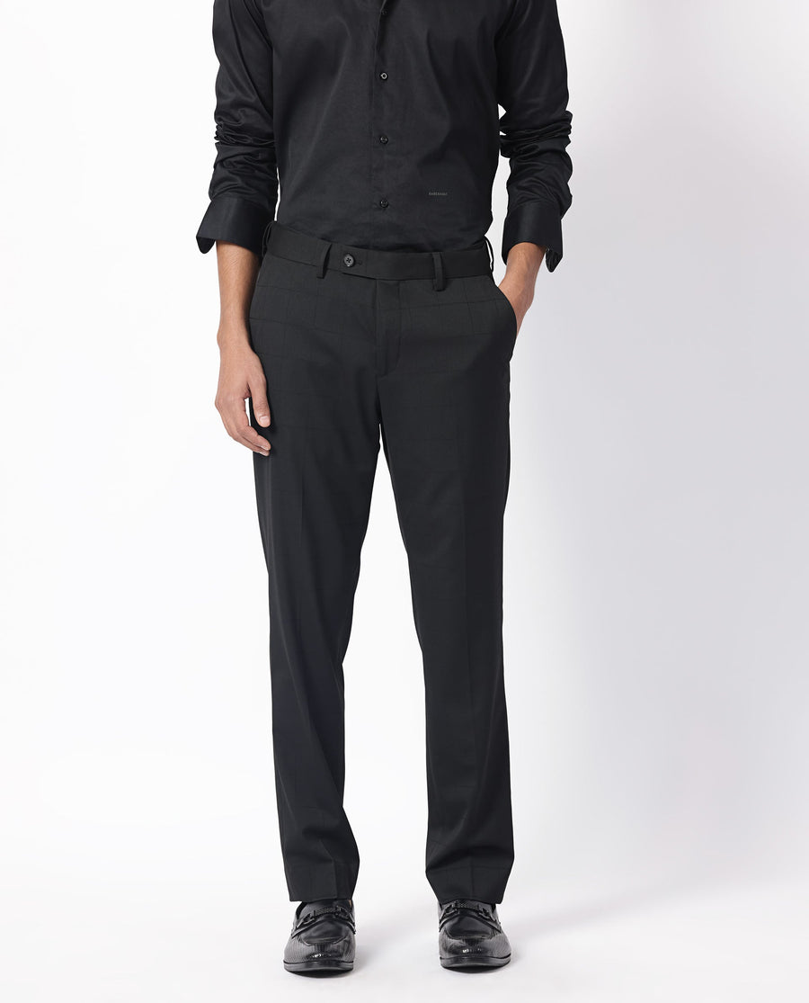 Rare Rabbit Men's Edmon Black Viscose Checked Print Tailored Fit Full Sleeve Lapel Neck Suits