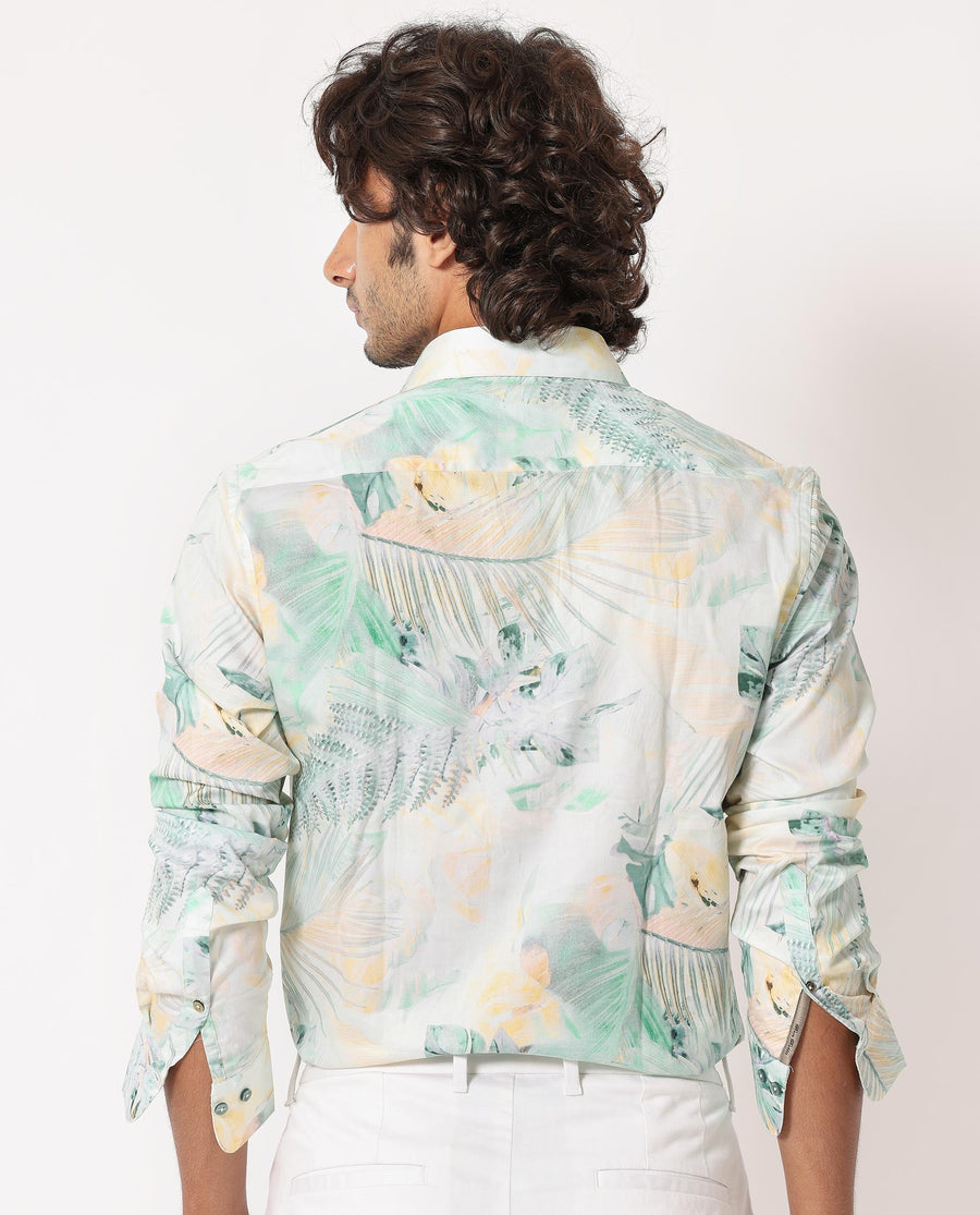 Rare Rabbit Men's Edro Offwhite Cotton Tropical Print Regular Fit Full Sleeve Collared Shirt