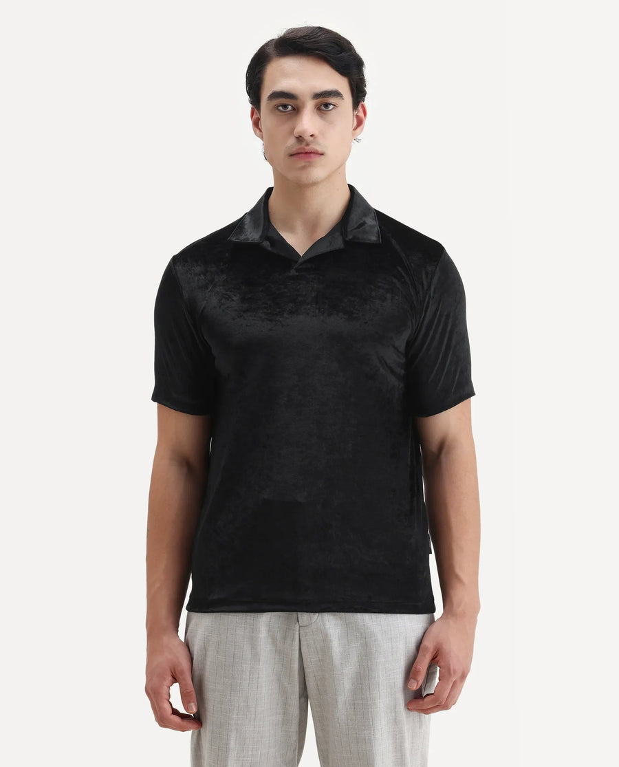 Rare Rabbit Men's Electro 1 Black Polyester Plain Regular Fit Half Sleeve Polo