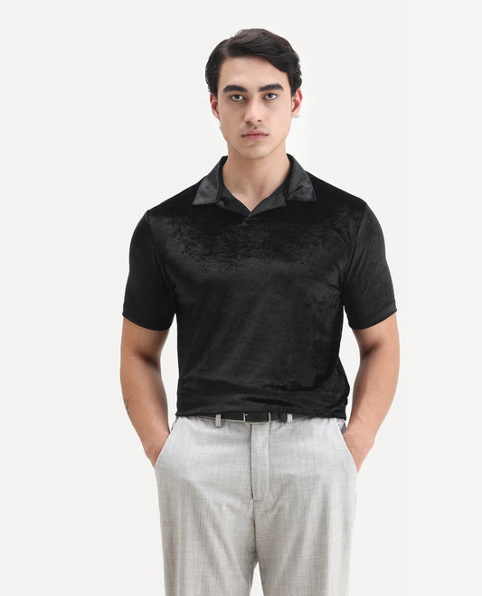 Rare Rabbit Men's Electro 1 Black Polyester Plain Regular Fit Half Sleeve Polo