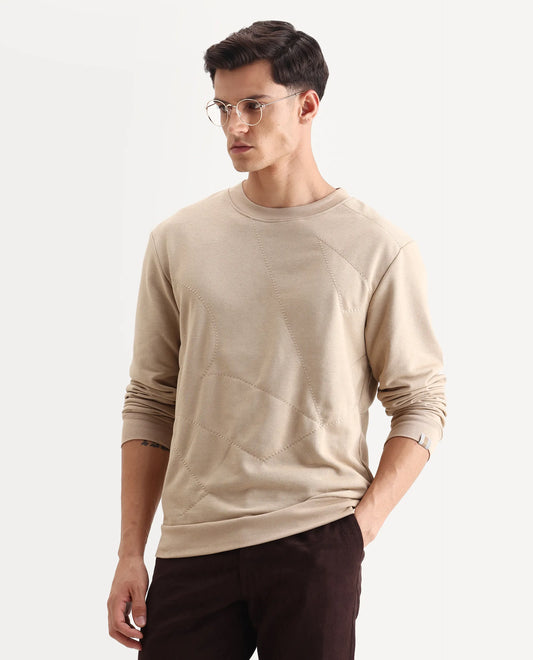 Rare Rabbit Men's Eldron Dusky Beige Cotton Embroidered Regular Fit Full Sleeve Crew Neck Sweatshirt