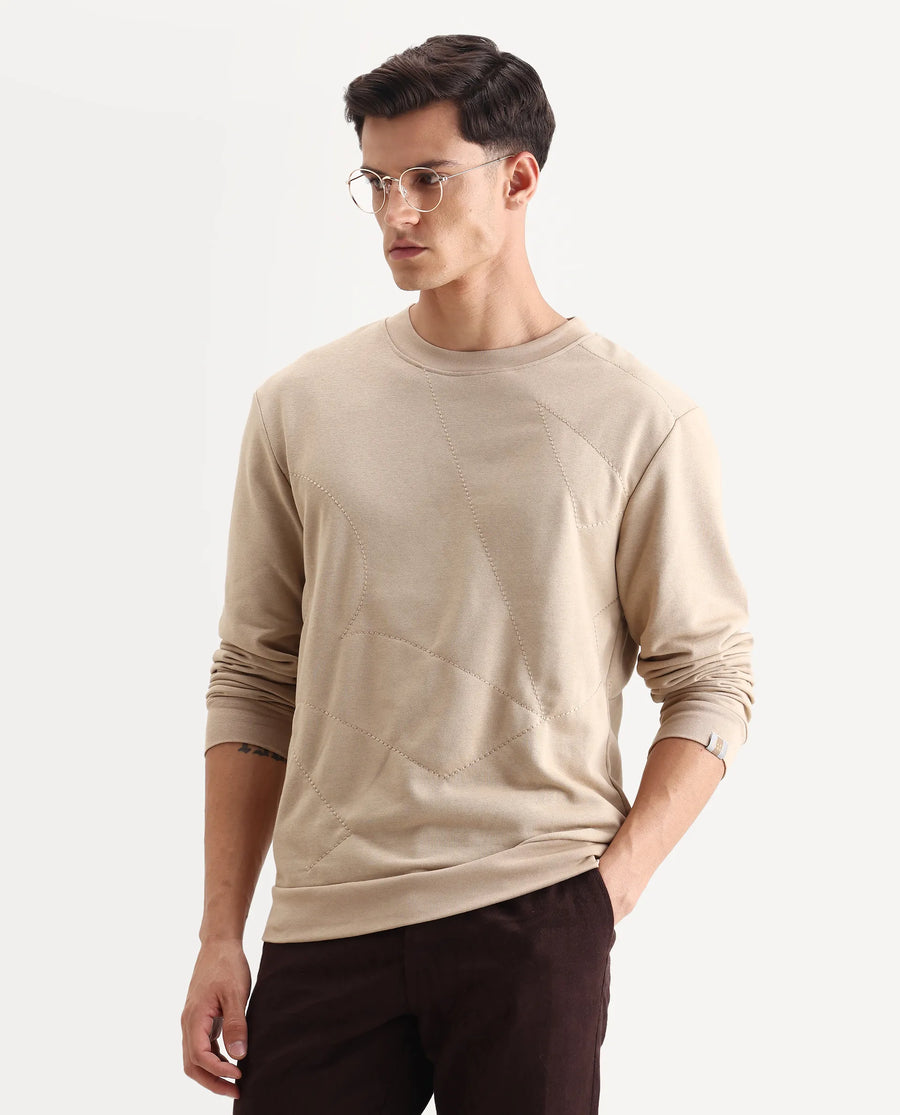 Rare Rabbit Men's Eldron Dusky Beige Cotton Embroidered Regular Fit Full Sleeve Crew Neck Sweatshirt