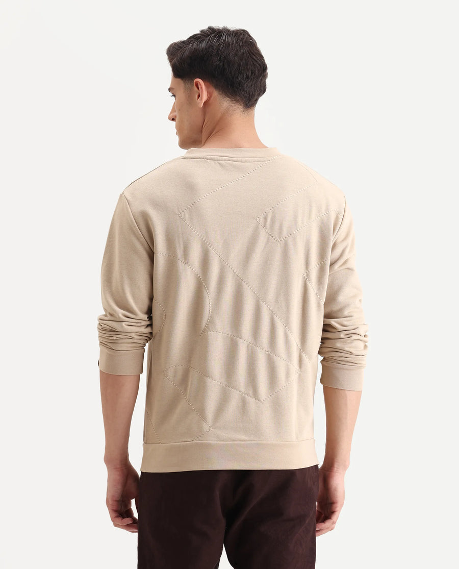Rare Rabbit Men's Eldron Dusky Beige Cotton Embroidered Regular Fit Full Sleeve Crew Neck Sweatshirt