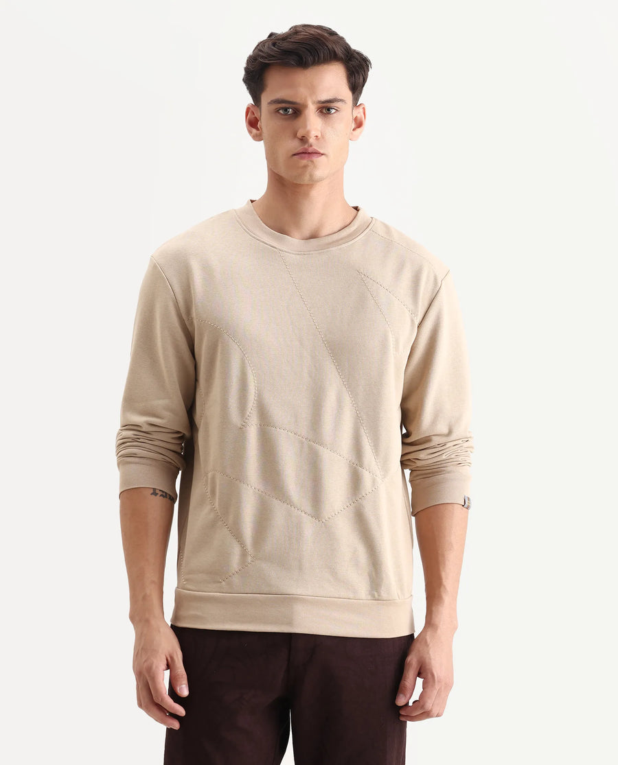 Rare Rabbit Men's Eldron Dusky Beige Cotton Embroidered Regular Fit Full Sleeve Crew Neck Sweatshirt