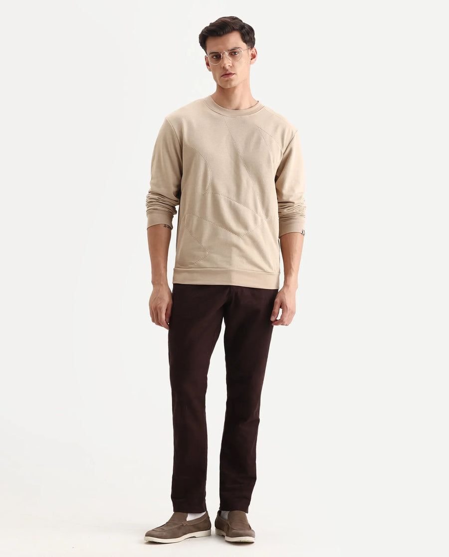 Rare Rabbit Men's Eldron Dusky Beige Cotton Embroidered Regular Fit Full Sleeve Crew Neck Sweatshirt