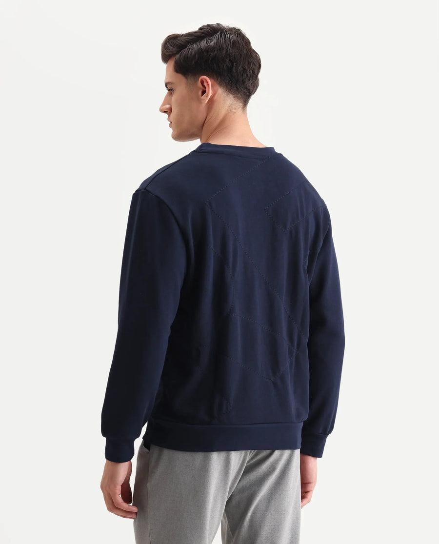 Rare Rabbit Men's Eldron Navy Cotton Embroidered Regular Fit Full Sleeve Crew Neck Sweatshirt