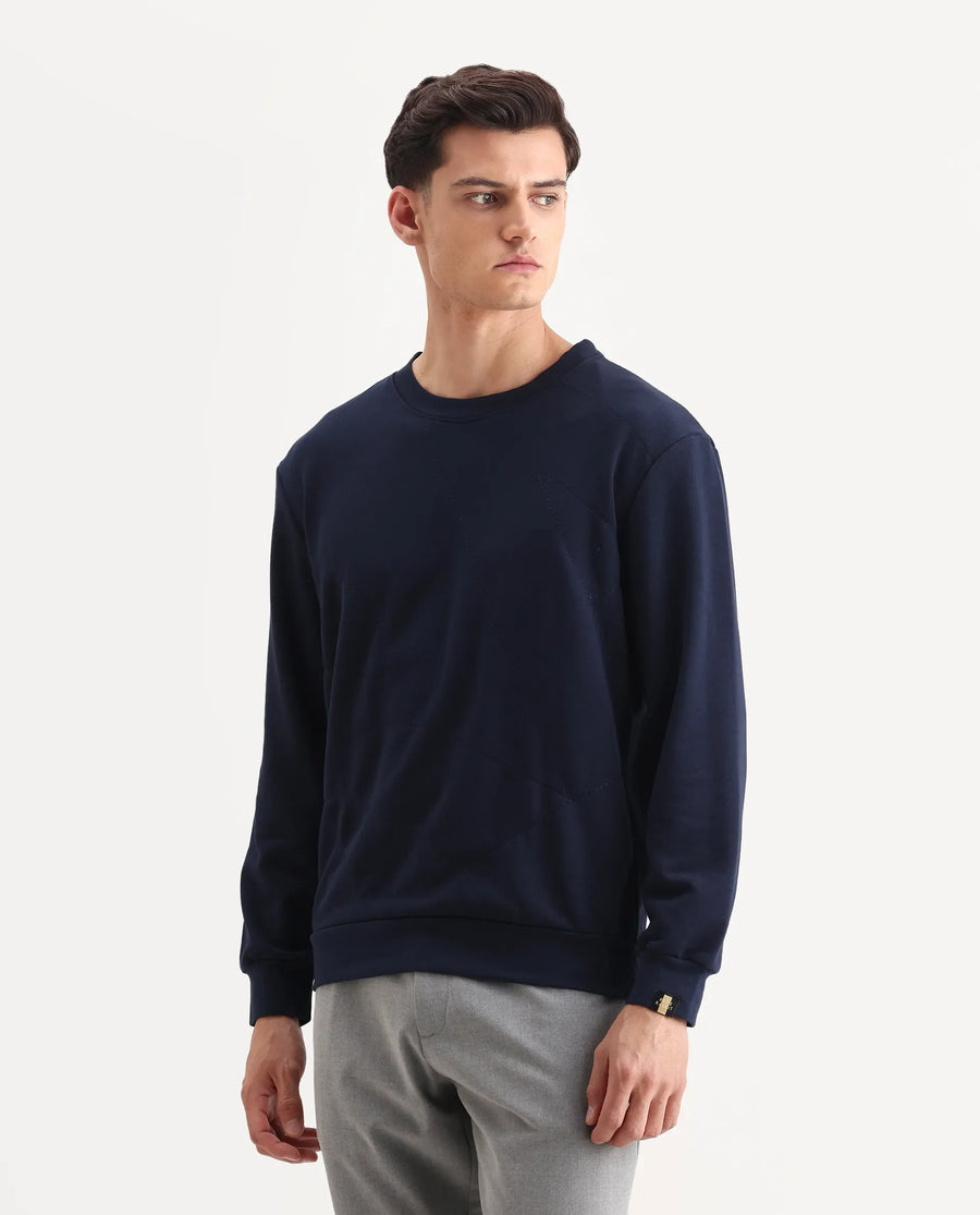 Rare Rabbit Men's Eldron Navy Cotton Embroidered Regular Fit Full Sleeve Crew Neck Sweatshirt