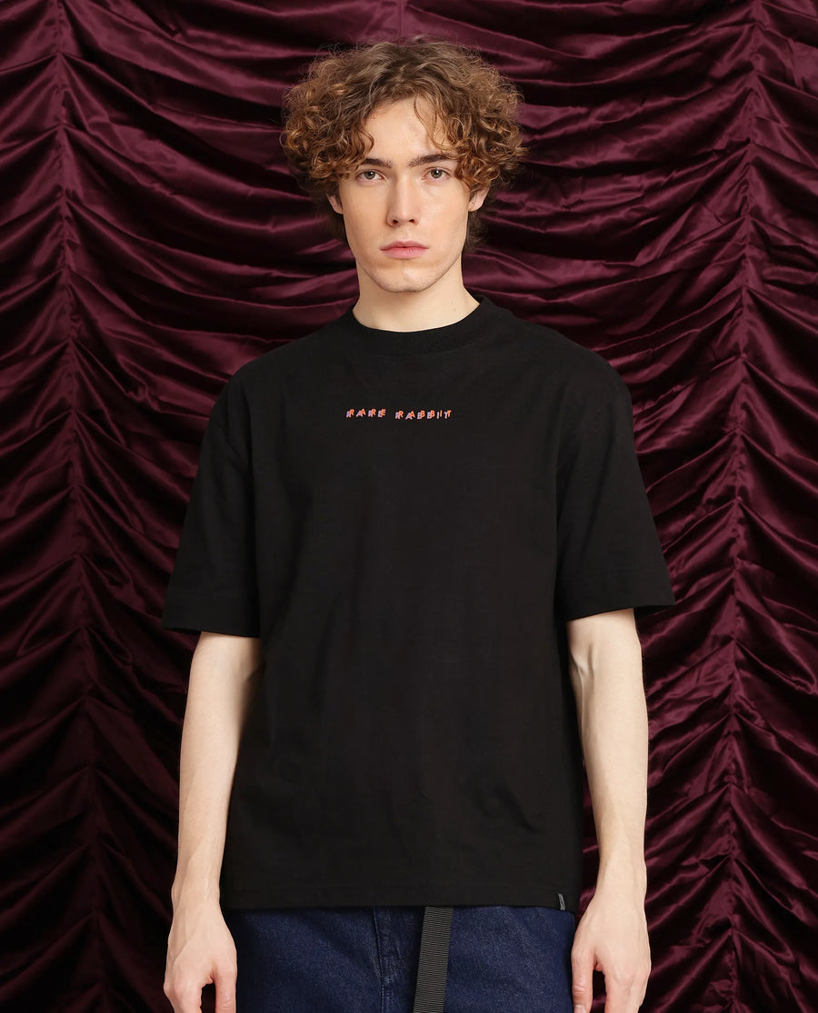 Rare Rabbit Men's Elep Black Cotton Graphic Print Oversized Fit Half Sleeve Crew Neck T-Shirt