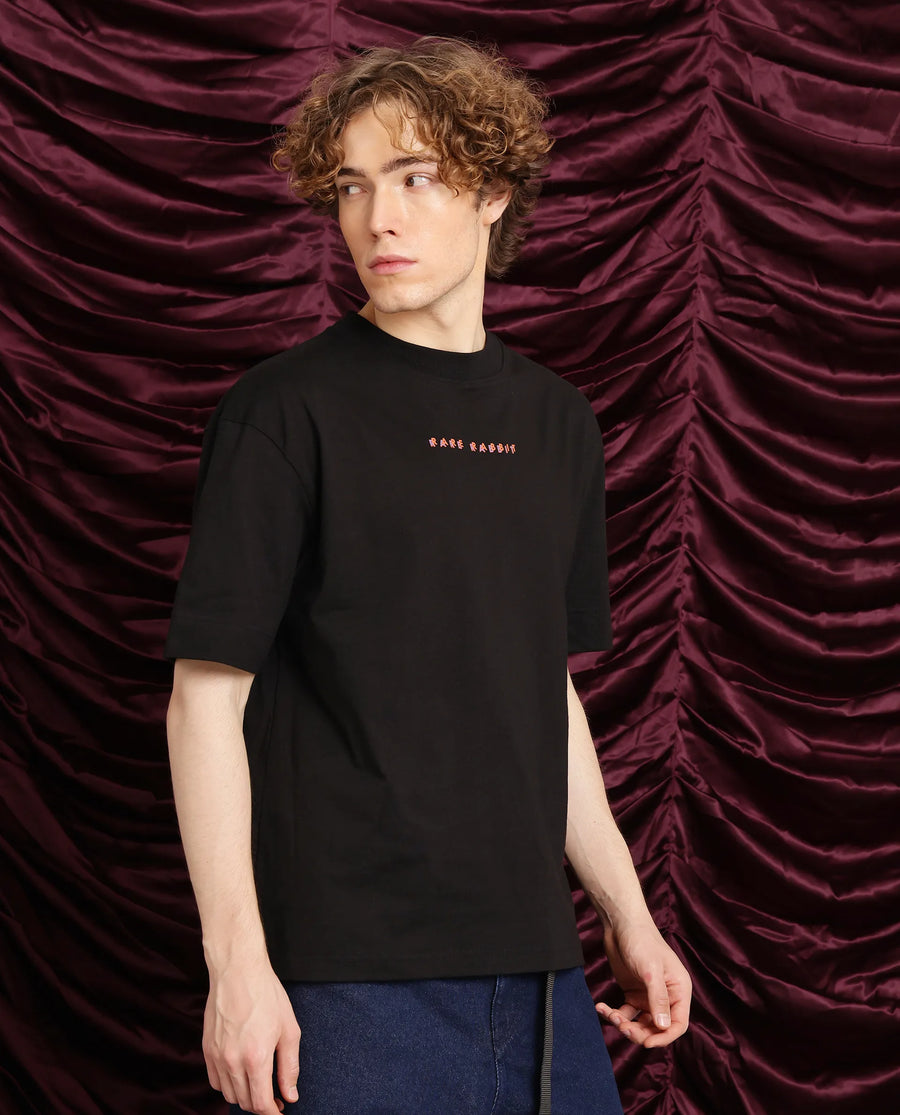 Rare Rabbit Men's Elep Black Cotton Graphic Print Oversized Fit Half Sleeve Crew Neck T-Shirt