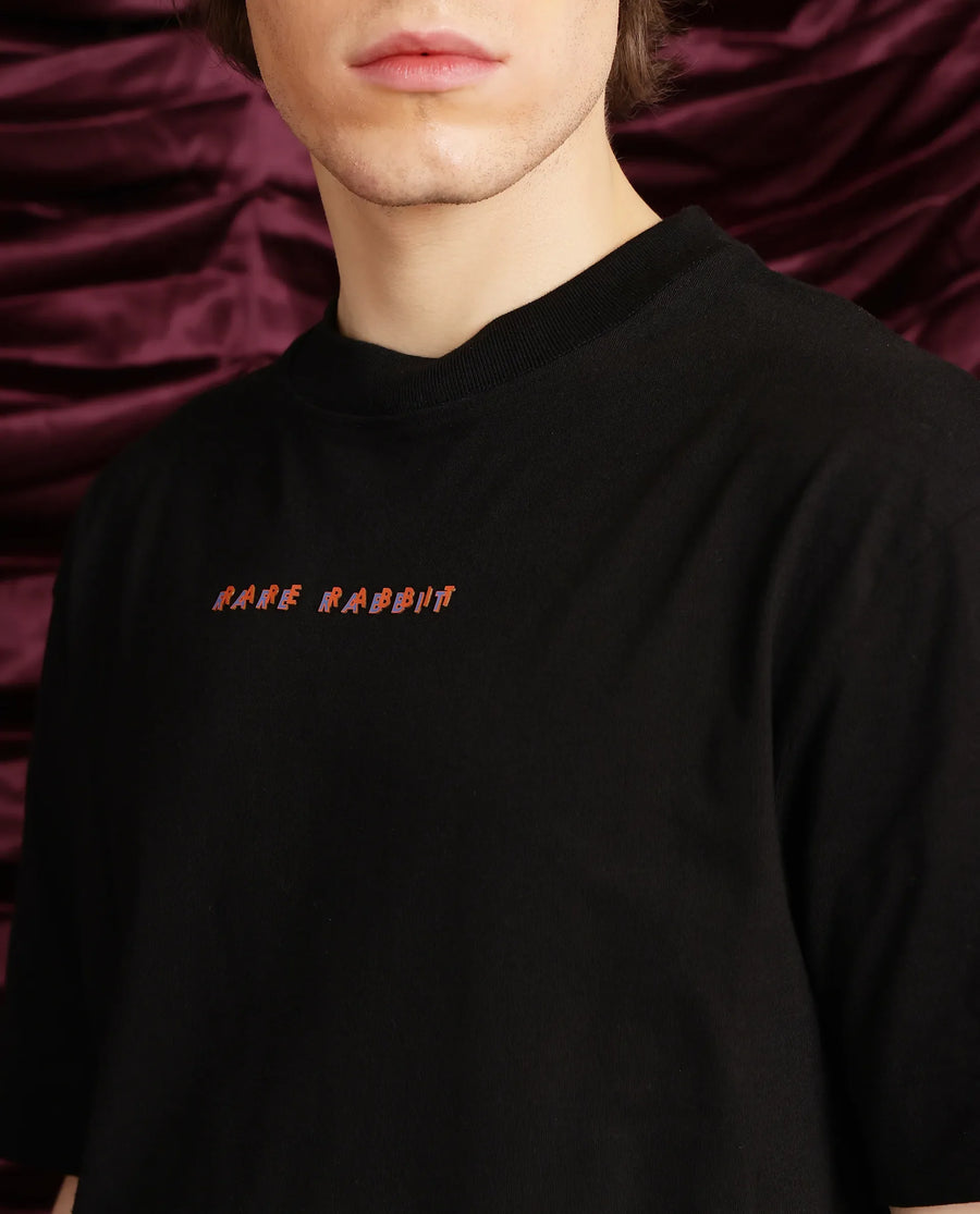 Rare Rabbit Men's Elep Black Cotton Graphic Print Oversized Fit Half Sleeve Crew Neck T-Shirt