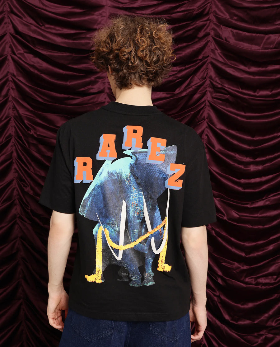 Rare Rabbit Men's Elep Black Cotton Graphic Print Oversized Fit Half Sleeve Crew Neck T-Shirt