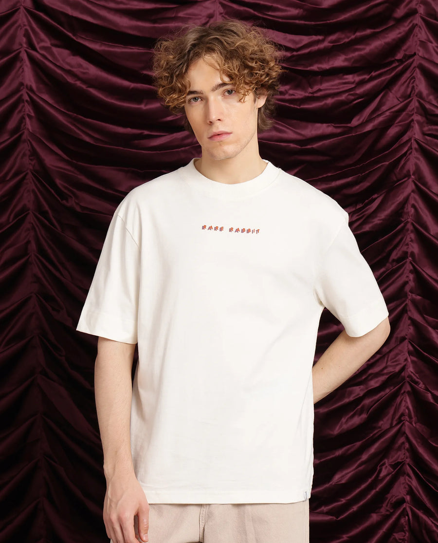 Rare Rabbit Men's Elep Off White Cotton Graphic Print Oversized Fit Half Sleeve Crew Neck T-Shirt