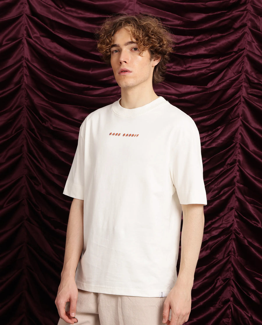 Rare Rabbit Men's Elep Off White Cotton Graphic Print Oversized Fit Half Sleeve Crew Neck T-Shirt