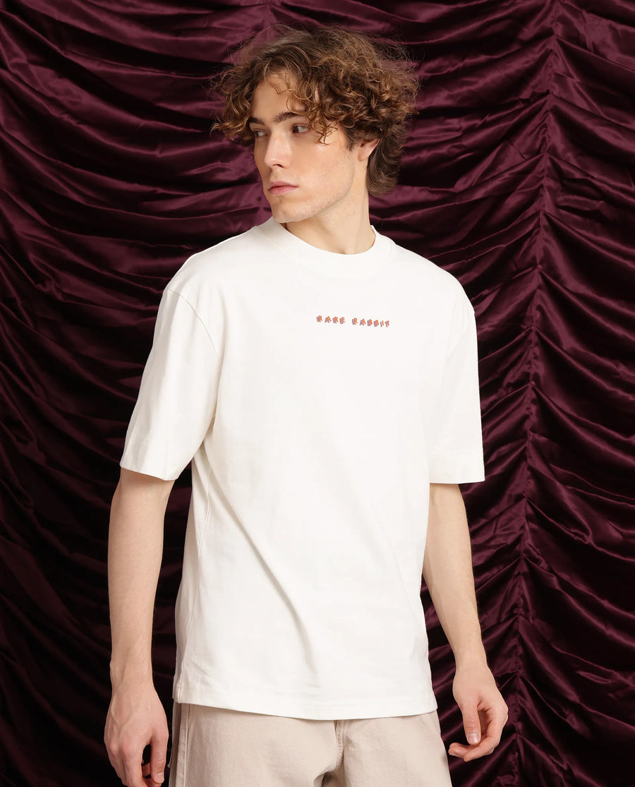 Rare Rabbit Men's Elep Off White Cotton Graphic Print Oversized Fit Half Sleeve Crew Neck T-Shirt