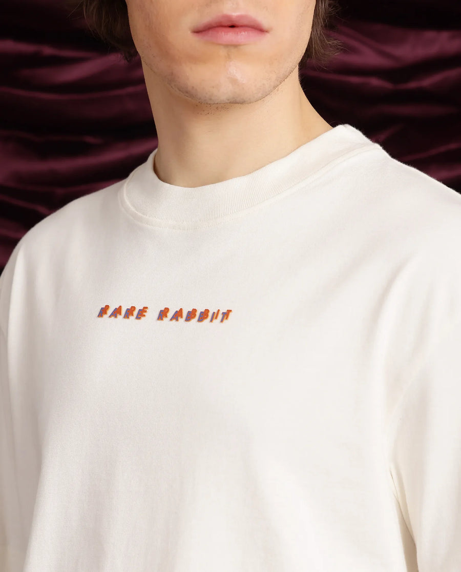Rare Rabbit Men's Elep Off White Cotton Graphic Print Oversized Fit Half Sleeve Crew Neck T-Shirt