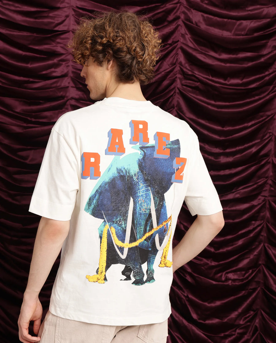 Rare Rabbit Men's Elep Off White Cotton Graphic Print Oversized Fit Half Sleeve Crew Neck T-Shirt