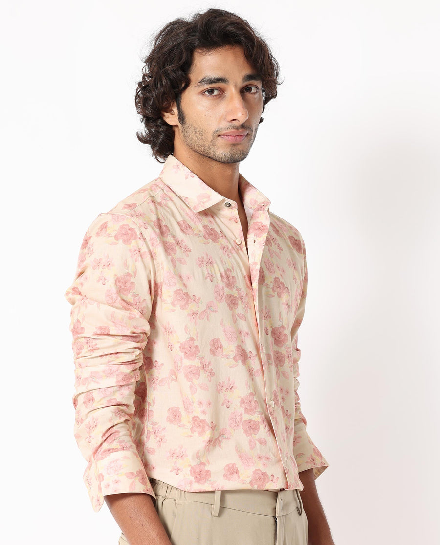 Rare Rabbit Men's Eliaa- Pink Cotton Floral Print Regular Fit Full Sleeve Collared Shirt