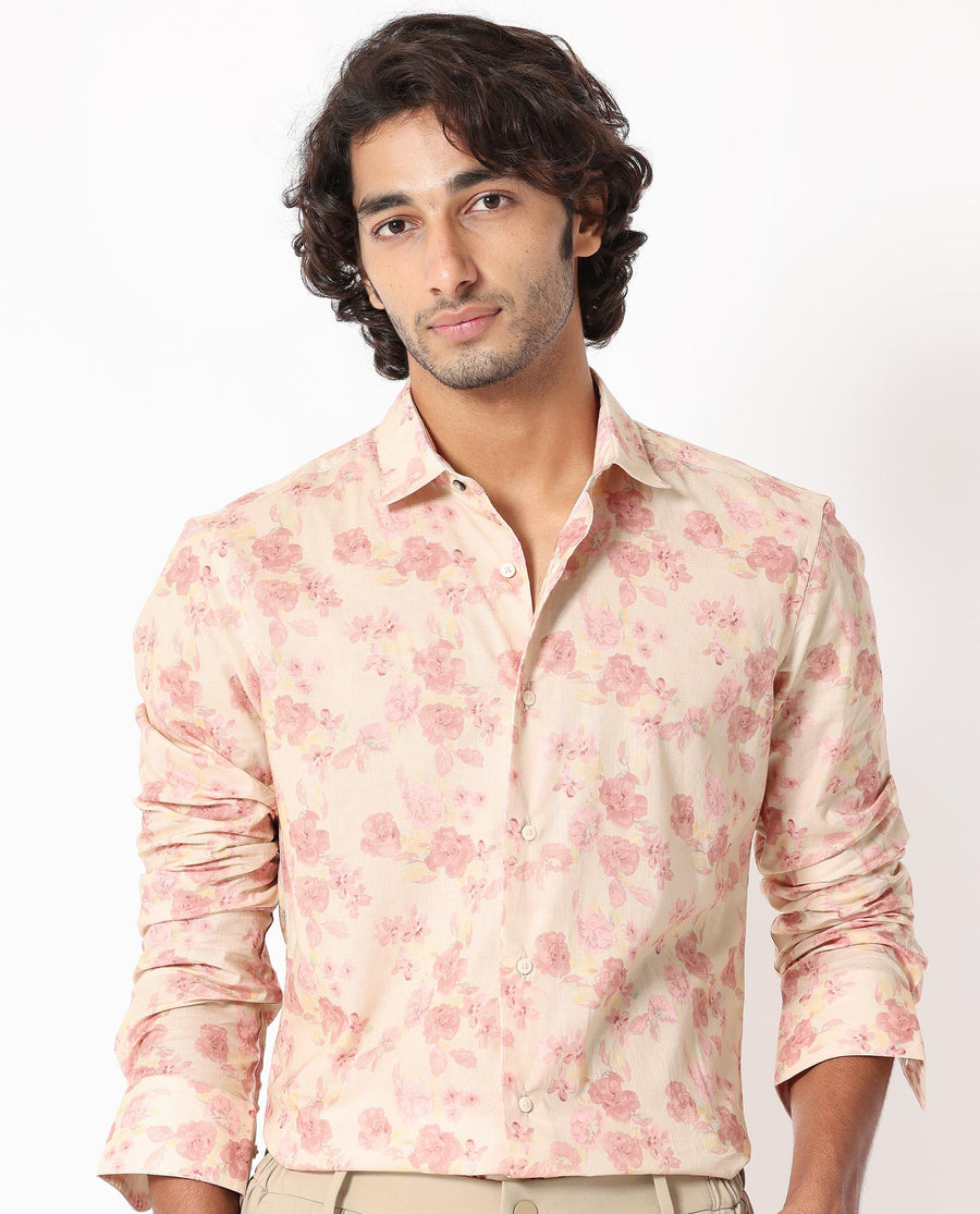 Rare Rabbit Men's Eliaa- Pink Cotton Floral Print Regular Fit Full Sleeve Collared Shirt