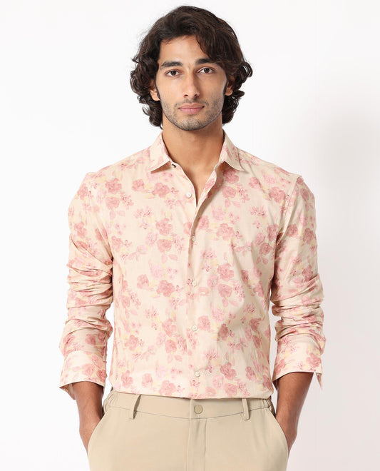 Rare Rabbit Men's Eliaa- Pink Cotton Floral Print Regular Fit Full Sleeve Collared Shirt