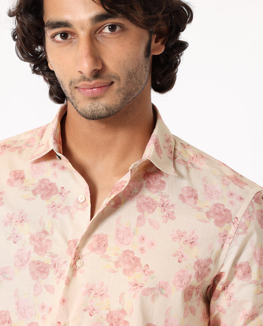 Rare Rabbit Men's Eliaa- Pink Cotton Floral Print Regular Fit Full Sleeve Collared Shirt
