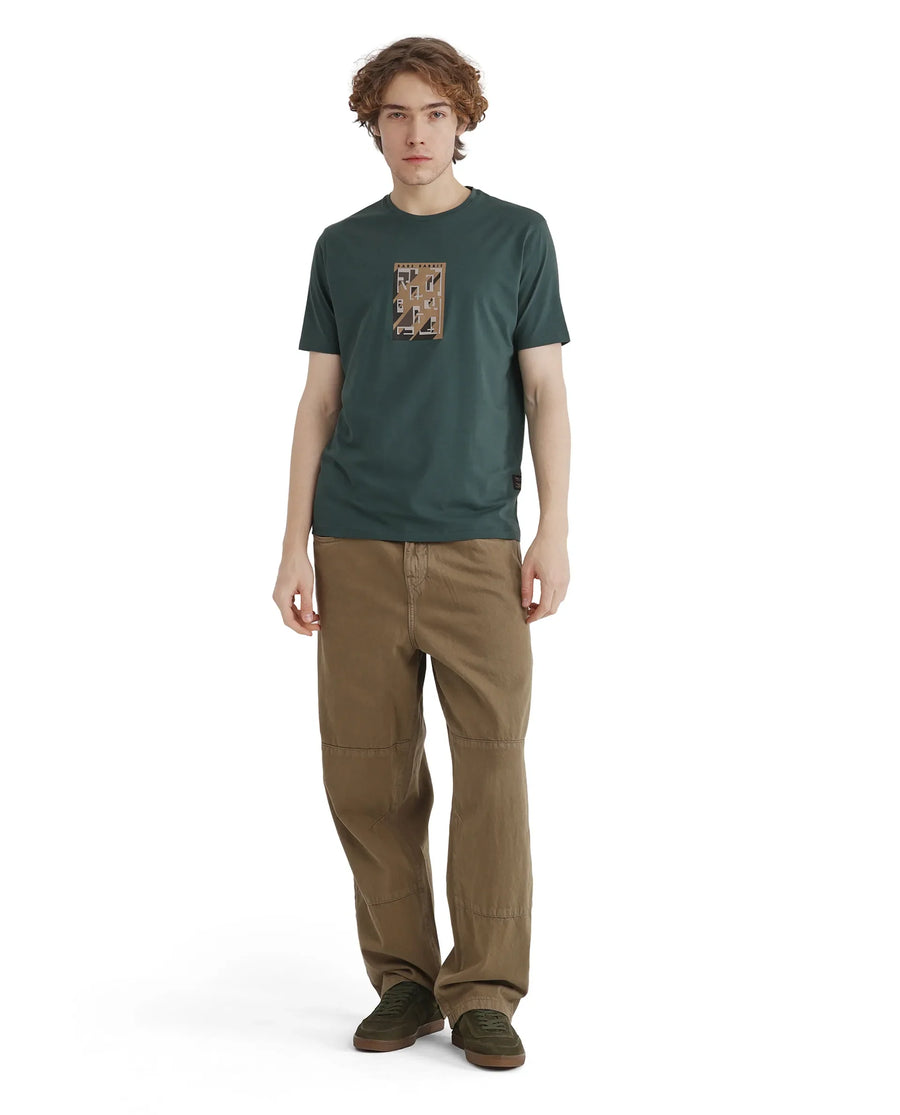 Rare Rabbit Men's Elih Dusky Green Cotton Blend Graphic Print Regular Fit Half Sleeve Crew Neck T-Shirt