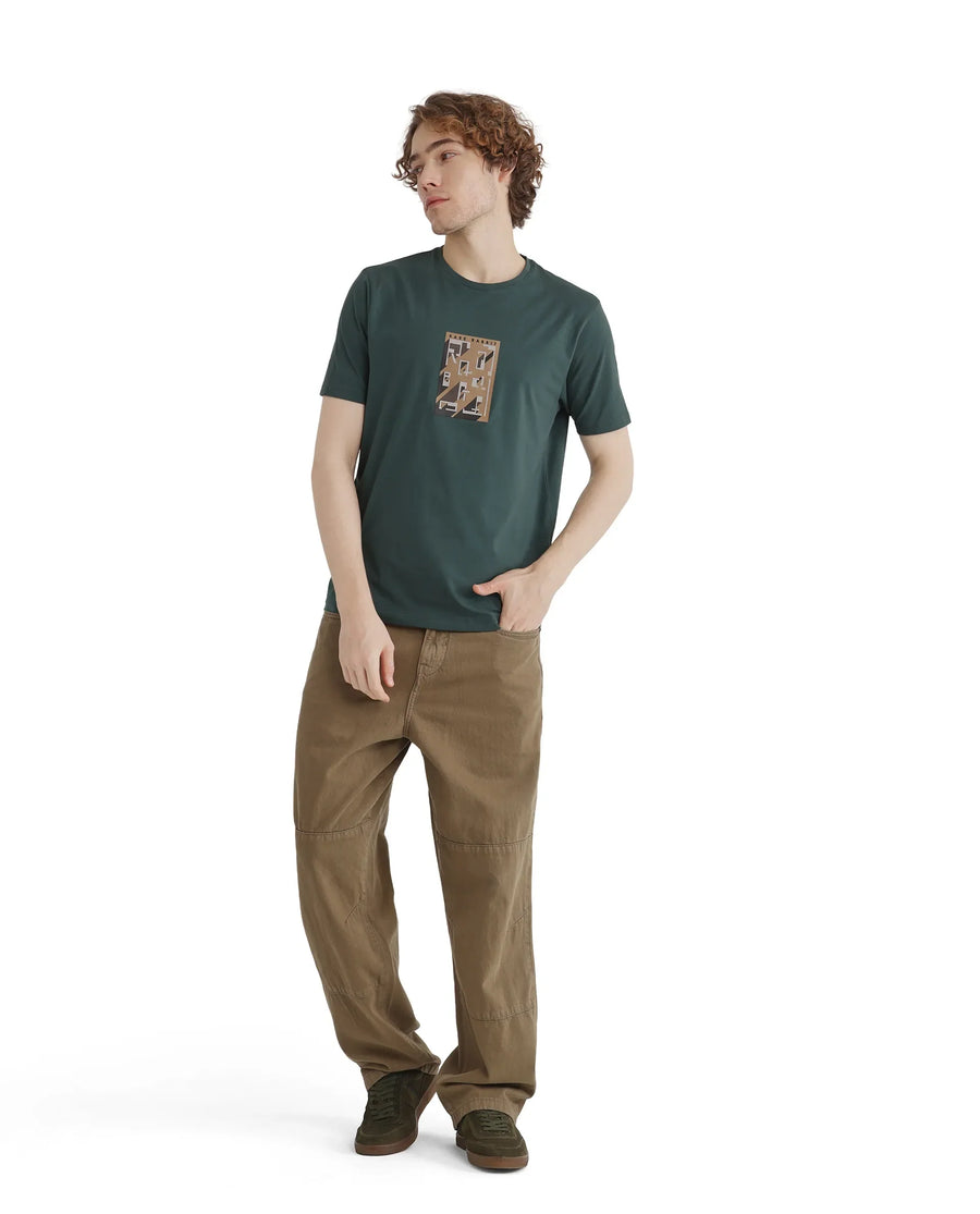 Rare Rabbit Men's Elih Dusky Green Cotton Blend Graphic Print Regular Fit Half Sleeve Crew Neck T-Shirt
