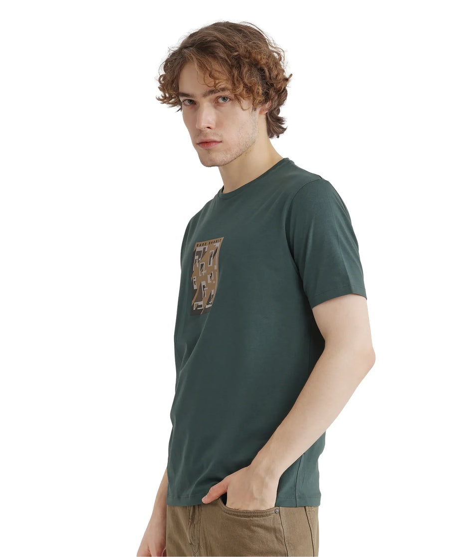 Rare Rabbit Men's Elih Dusky Green Cotton Blend Graphic Print Regular Fit Half Sleeve Crew Neck T-Shirt