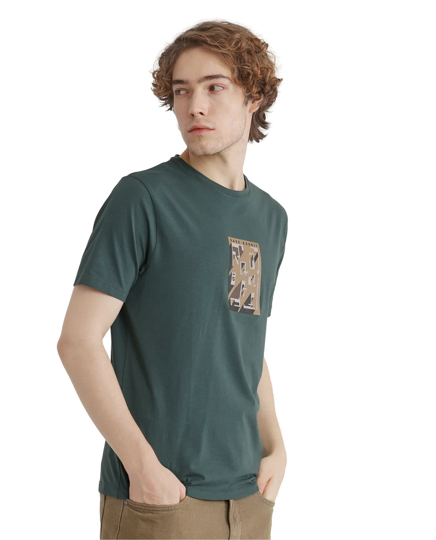 Rare Rabbit Men's Elih Dusky Green Cotton Blend Graphic Print Regular Fit Half Sleeve Crew Neck T-Shirt