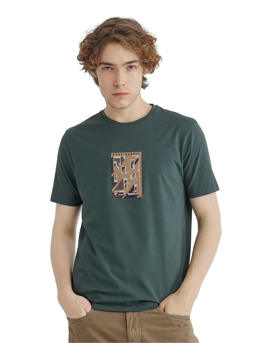 Rare Rabbit Men's Elih Dusky Green Cotton Blend Graphic Print Regular Fit Half Sleeve Crew Neck T-Shirt