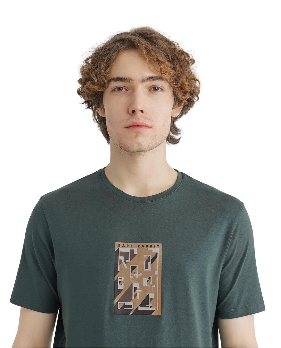 Rare Rabbit Men's Elih Dusky Green Cotton Blend Graphic Print Regular Fit Half Sleeve Crew Neck T-Shirt