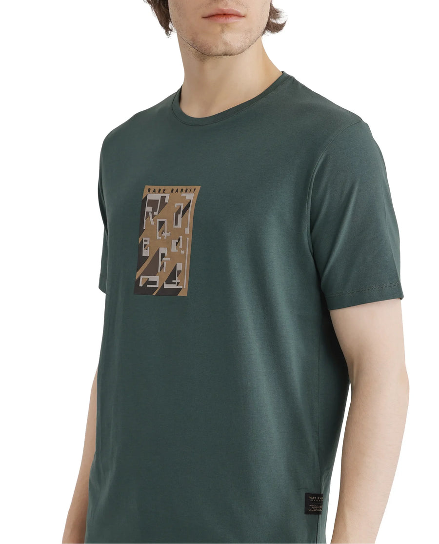 Rare Rabbit Men's Elih Dusky Green Cotton Blend Graphic Print Regular Fit Half Sleeve Crew Neck T-Shirt
