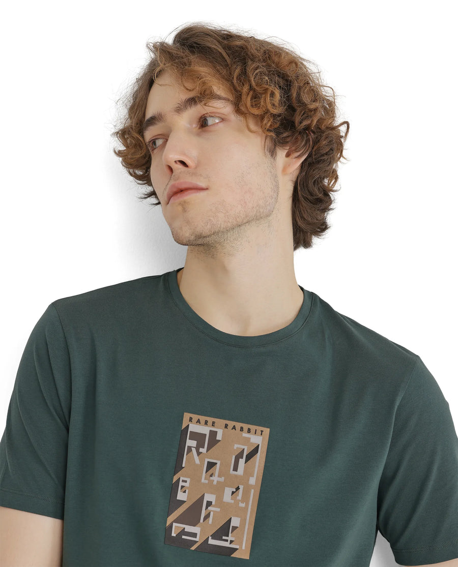 Rare Rabbit Men's Elih Dusky Green Cotton Blend Graphic Print Regular Fit Half Sleeve Crew Neck T-Shirt