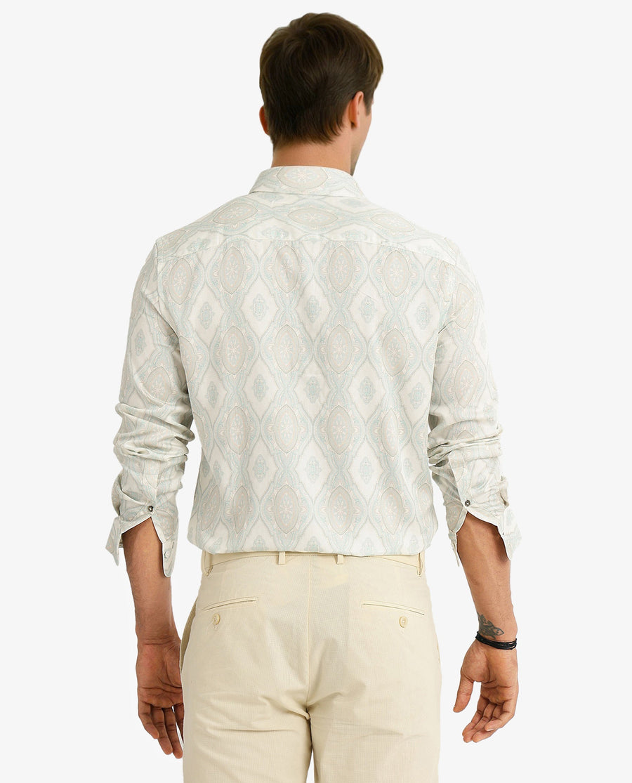 Rare Rabbit Men's Elix Off White Satin Decorative Print Regular Fit Full Sleeve Collared Shirt