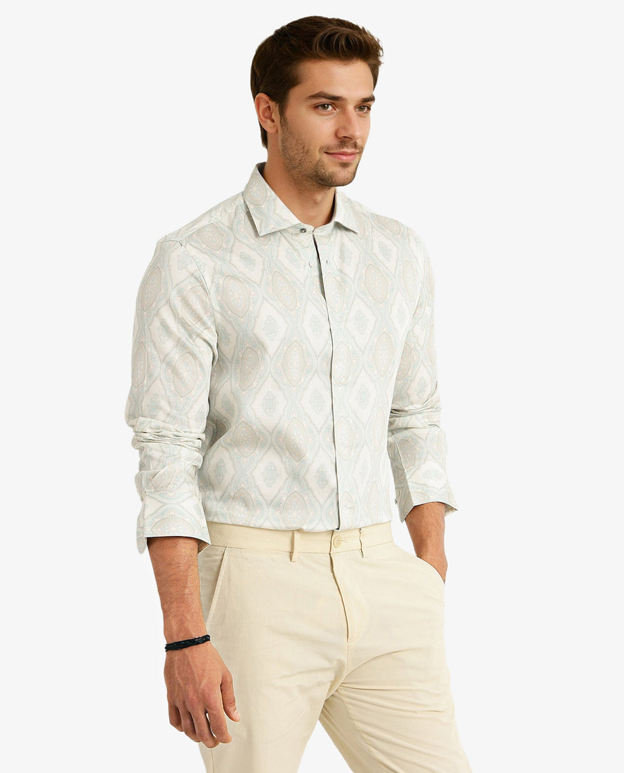 Rare Rabbit Men's Elix Off White Satin Decorative Print Regular Fit Full Sleeve Collared Shirt