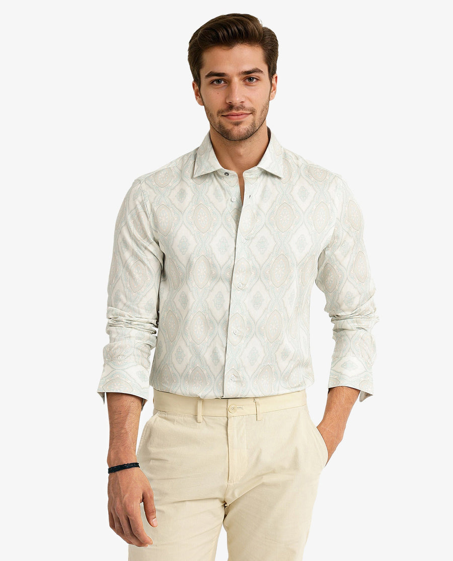 Rare Rabbit Men's Elix Off White Satin Decorative Print Regular Fit Full Sleeve Collared Shirt