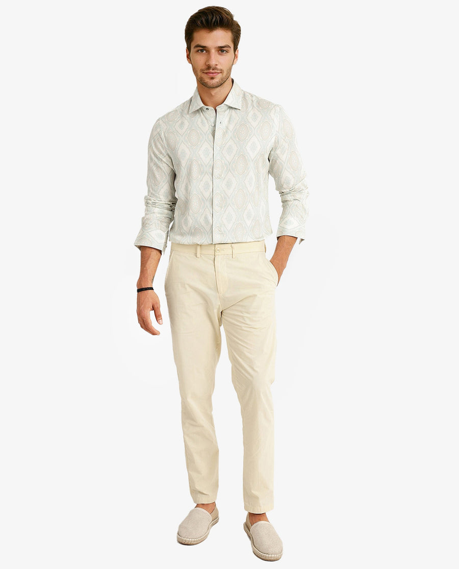 Rare Rabbit Men's Elix Off White Satin Decorative Print Regular Fit Full Sleeve Collared Shirt