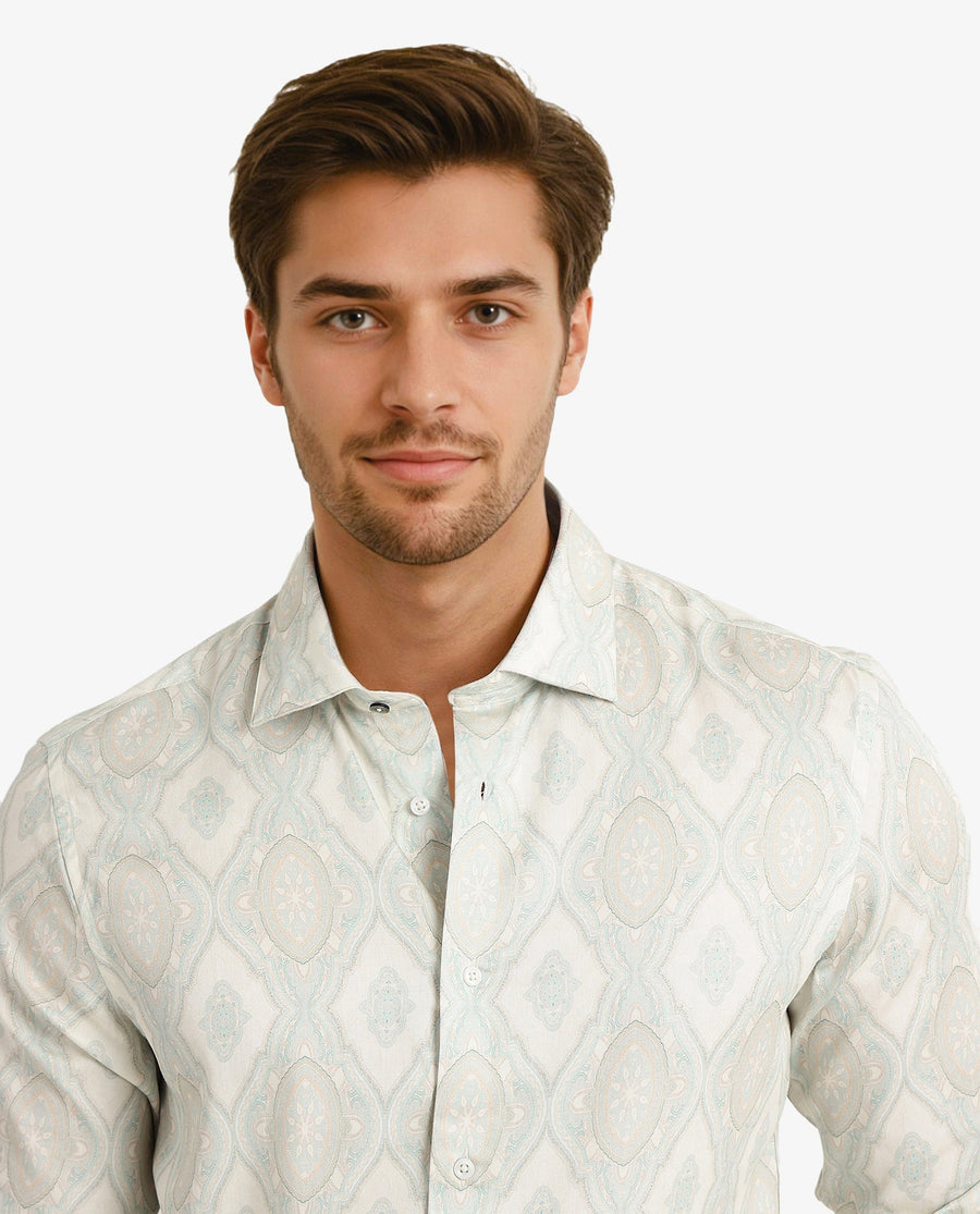 Rare Rabbit Men's Elix Off White Satin Decorative Print Regular Fit Full Sleeve Collared Shirt