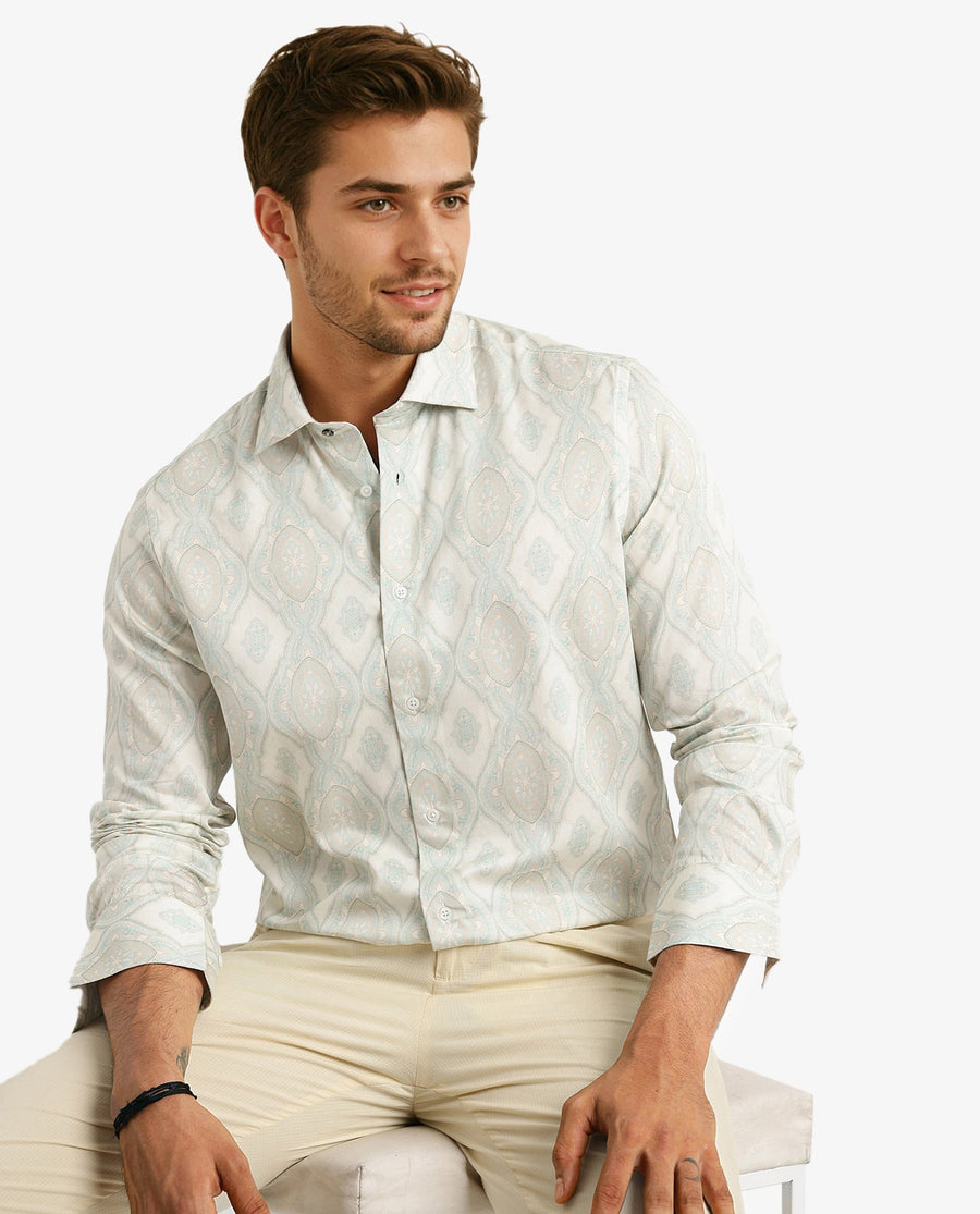 Rare Rabbit Men's Elix Off White Satin Decorative Print Regular Fit Full Sleeve Collared Shirt