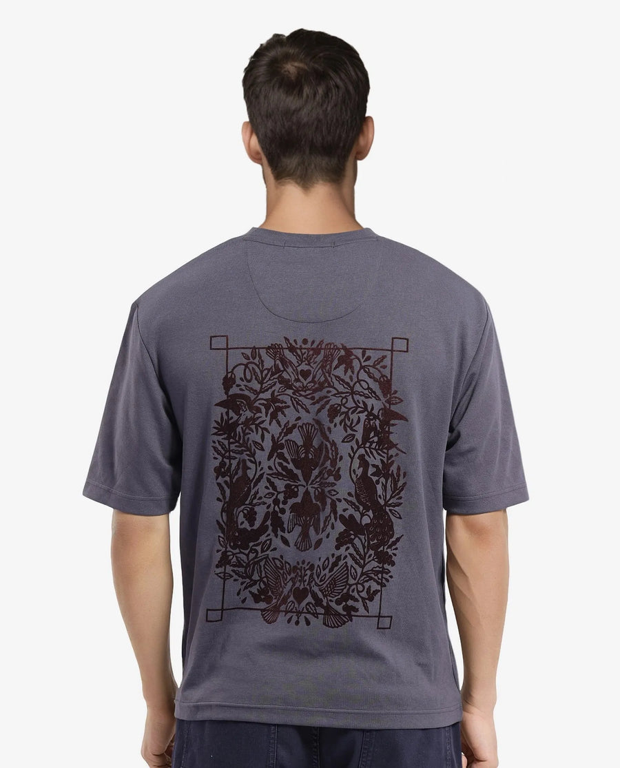 Rare Rabbit Men's Eliy Dark Grey Graphic Print Oversized Fit Half Sleeve Crew Neck T-Shirt