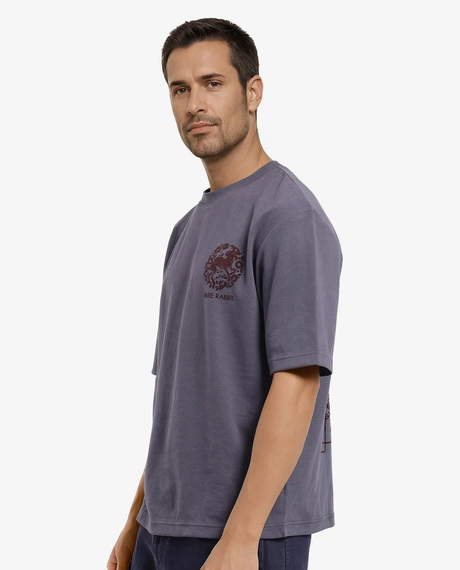 Rare Rabbit Men's Eliy Dark Grey Graphic Print Oversized Fit Half Sleeve Crew Neck T-Shirt