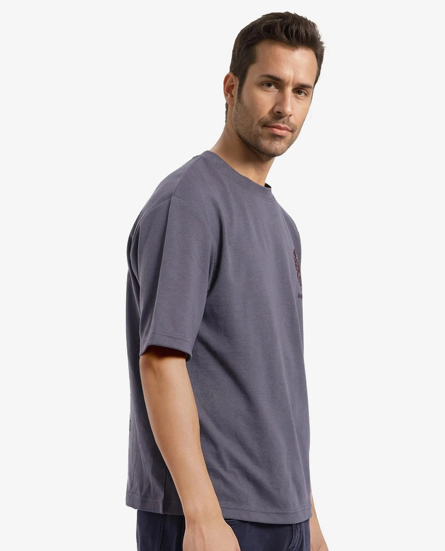Rare Rabbit Men's Eliy Dark Grey Graphic Print Oversized Fit Half Sleeve Crew Neck T-Shirt