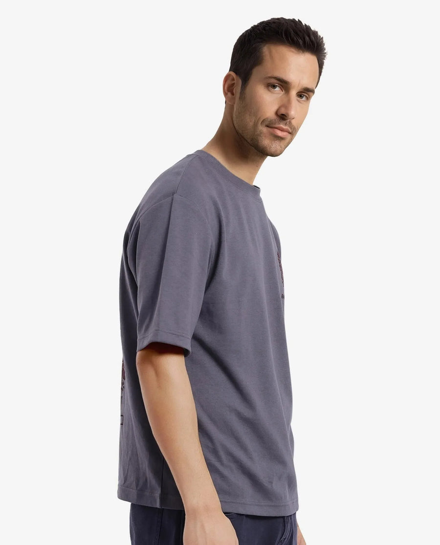 Rare Rabbit Men's Eliy Dark Grey Graphic Print Oversized Fit Half Sleeve Crew Neck T-Shirt